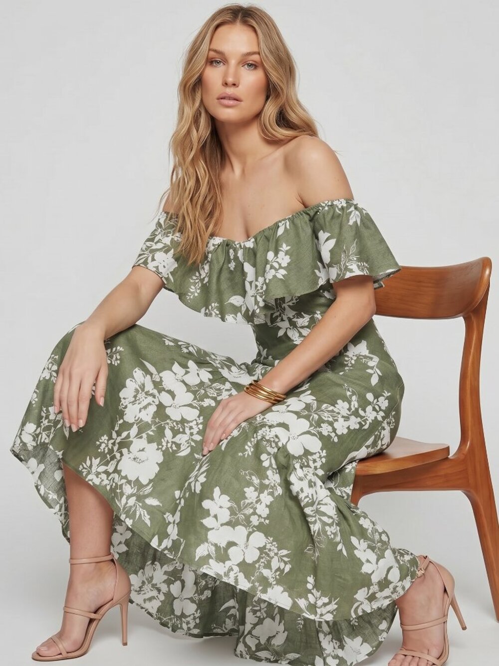 NWT Reformation Size 12 Olive Green Linen Off-the-Shoulder Floral Maxi Dress